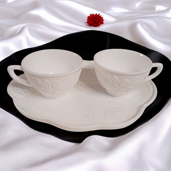 VTG  Indiana White Milk Glass  Harvest Pattern Grape Motif Snack Luncheon Set - Picture 1 of 12